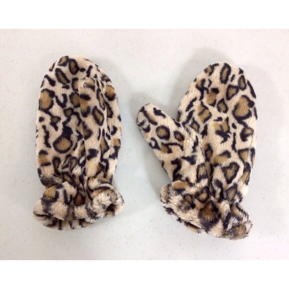 Leopard Fleece Mittens Womens One Size - Picture 1 of 7